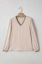 Contrast Scallop Trim V Neck Long Sleeve Blouse