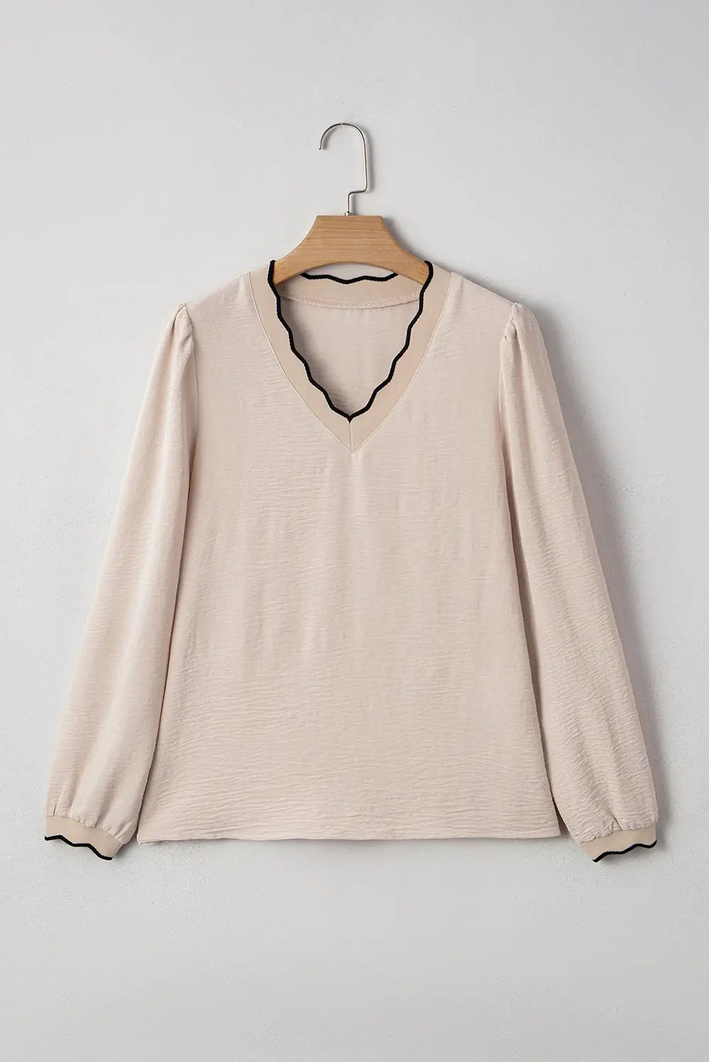 Contrast Scallop Trim V Neck Long Sleeve Blouse