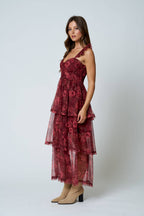FLORAL CHIFFON RUFFLE TIERED CORSET MIDI DRESS