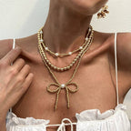 MULTILAYER BALL CHAIN BEAD PEARL BOW NECKLACE | 40NK9455