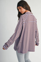 8645IN Mock Neck Yarn-Dyed Striped Oversized Long Sleeve Tee