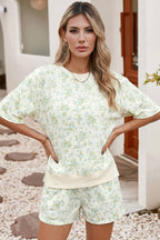 LDC Floral Print Oversized Sweat Tee Elastic Waist Short Set