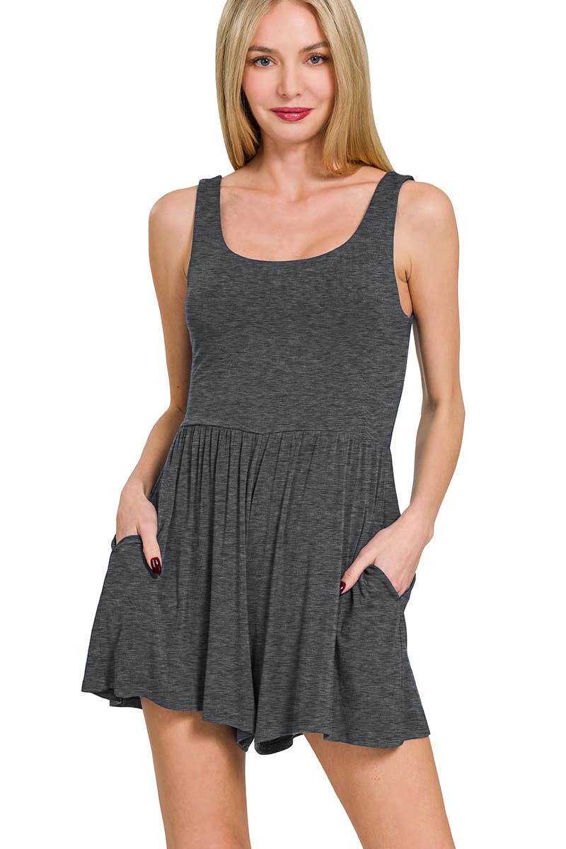 Double Layered Tank Romper W/ Pockets - Zenana