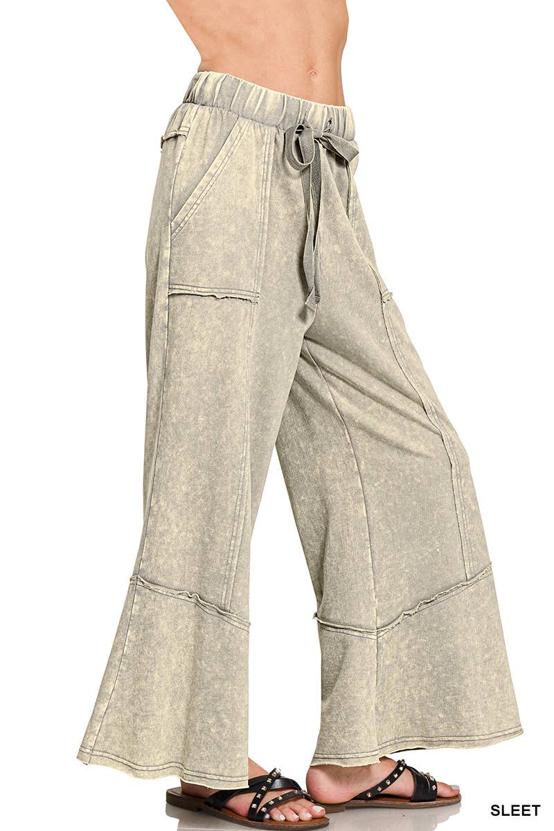 `Acid Washed Flare Hem Pants With Pockets Zenana
