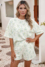 LDC Floral Print Oversized Sweat Tee Elastic Waist Short Set