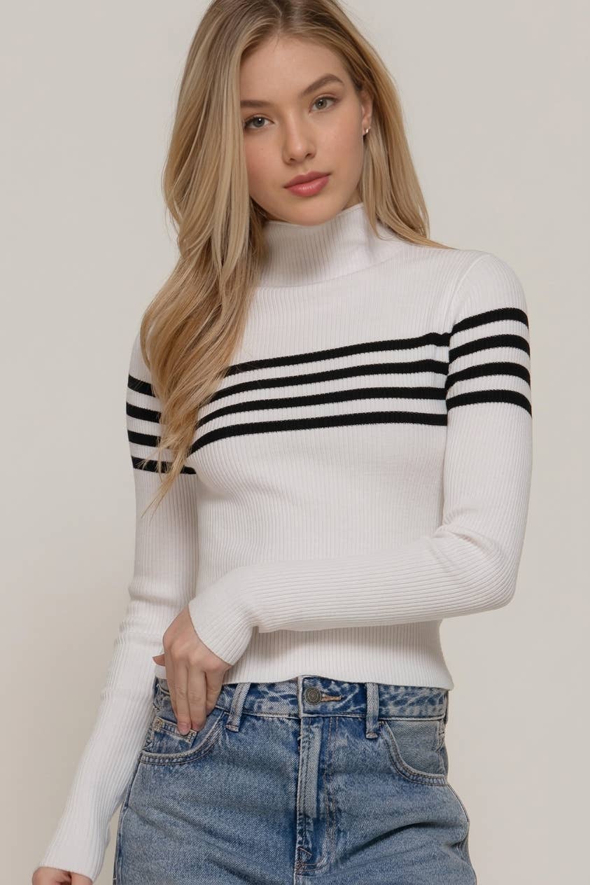 Rolled Mock Neck Stripe Sweater