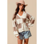 CHECKERED BUTTON FRONT TEXTURED SWEATER CARDIGAN