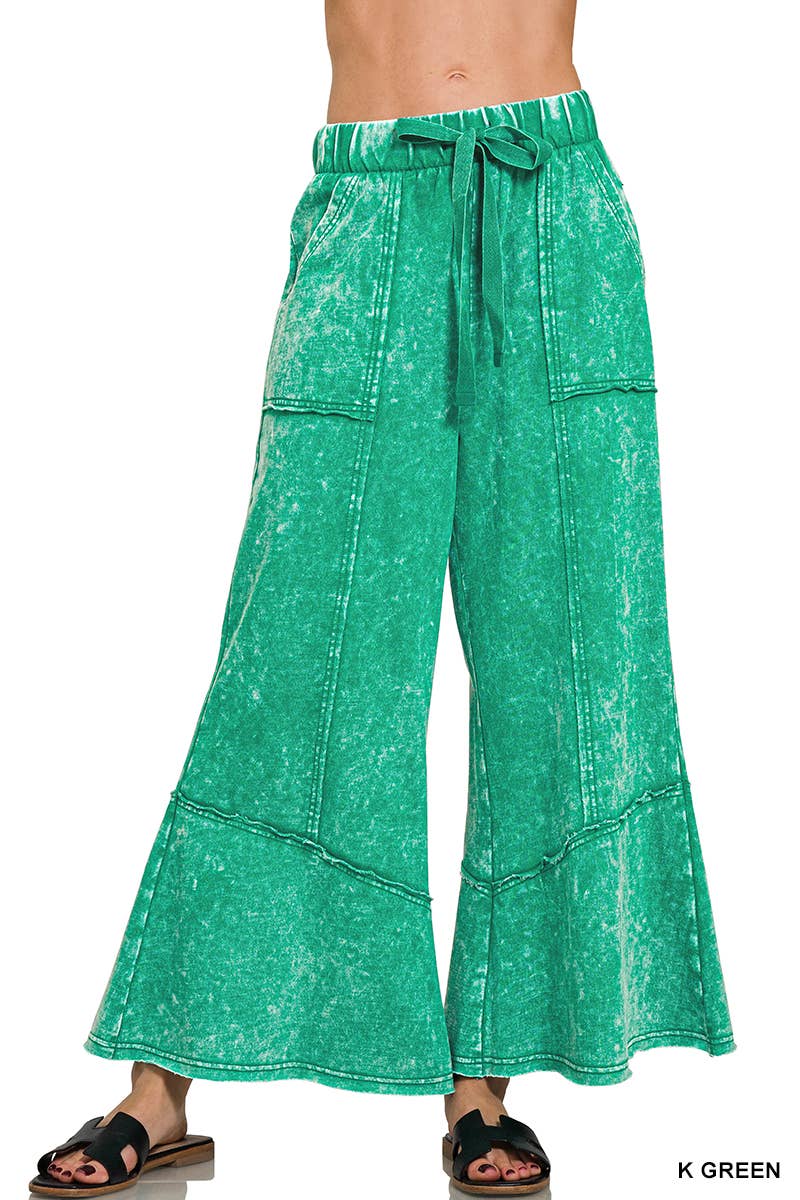 `Acid Washed Flare Hem Pants With Pockets Zenana