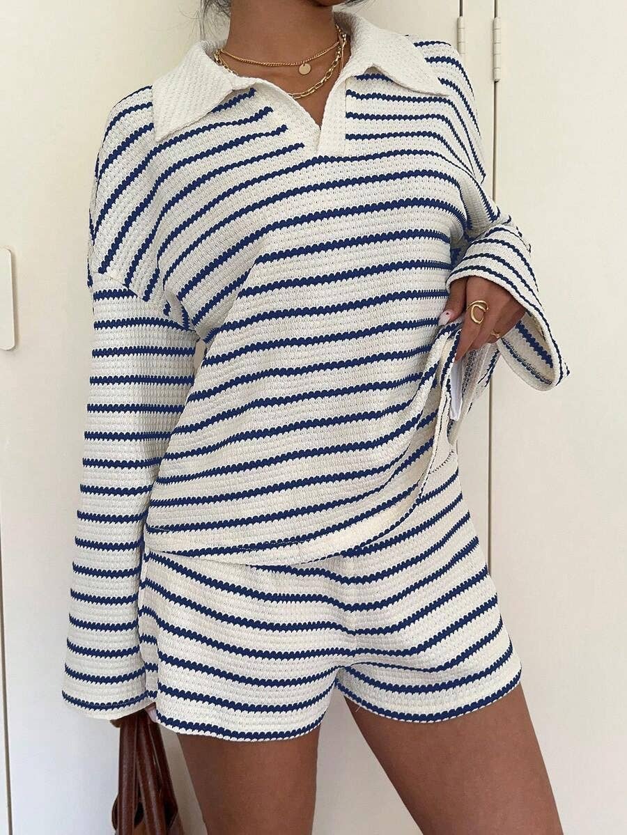 Striped Polo Lounge Set Resort Textured Collared Oversized