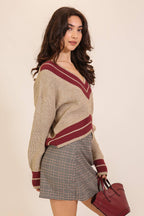 Contrast Trim V-neck Varsity Knit Sweater