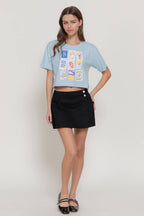 Short Sleeve Round Neck Print Knit Crop Top