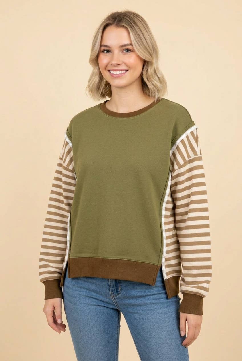 HT20057 Contrast Stripe Sleeve Pullover