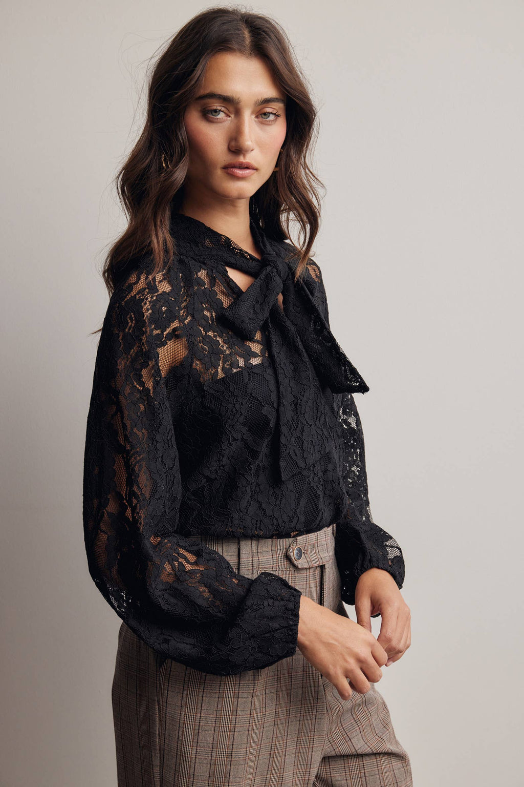 Sheer Lace Tie Neck Blouse FT0059