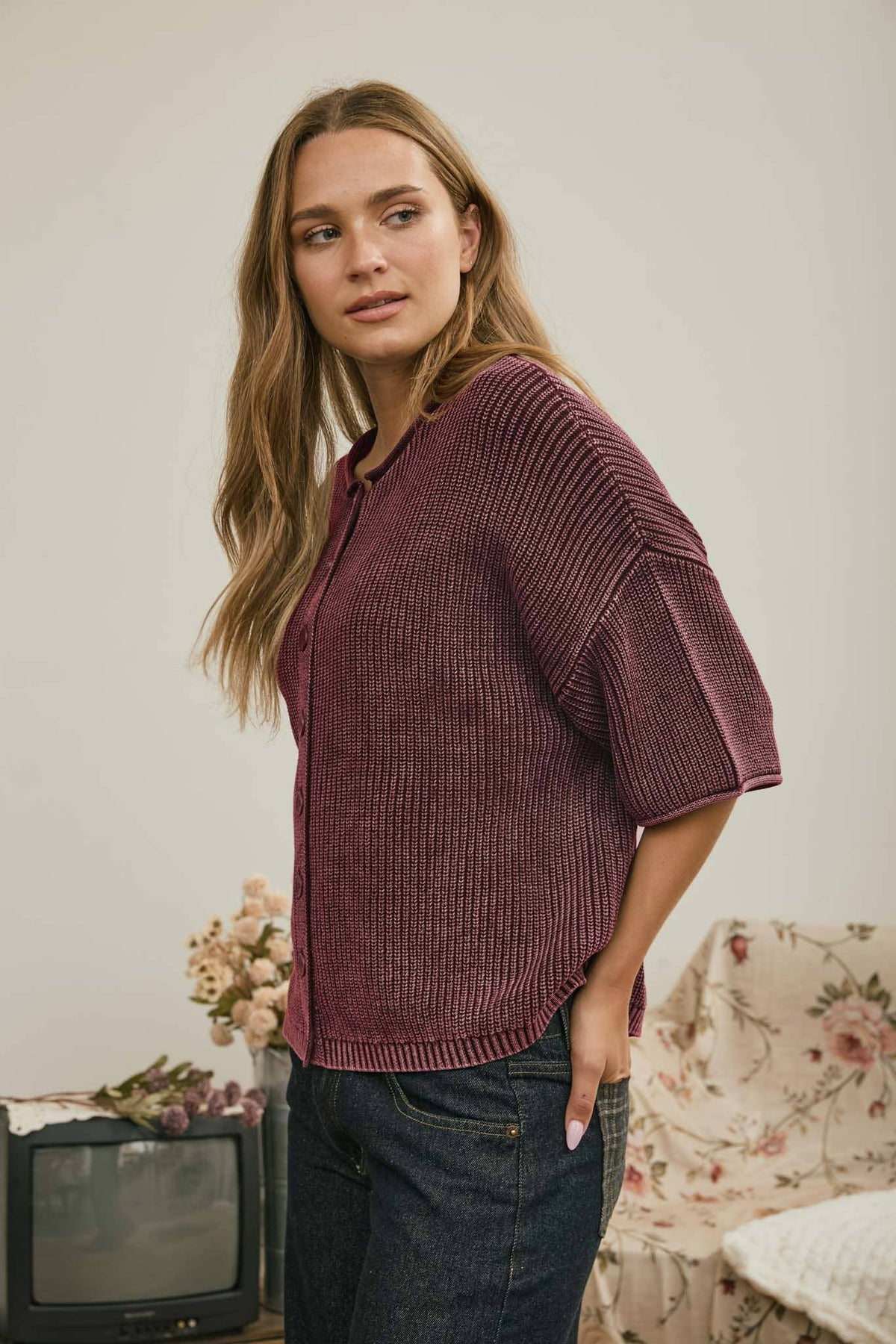 WASHED RIBBED SHORT SLEEVE ROLLED EDGE CARDIGAN