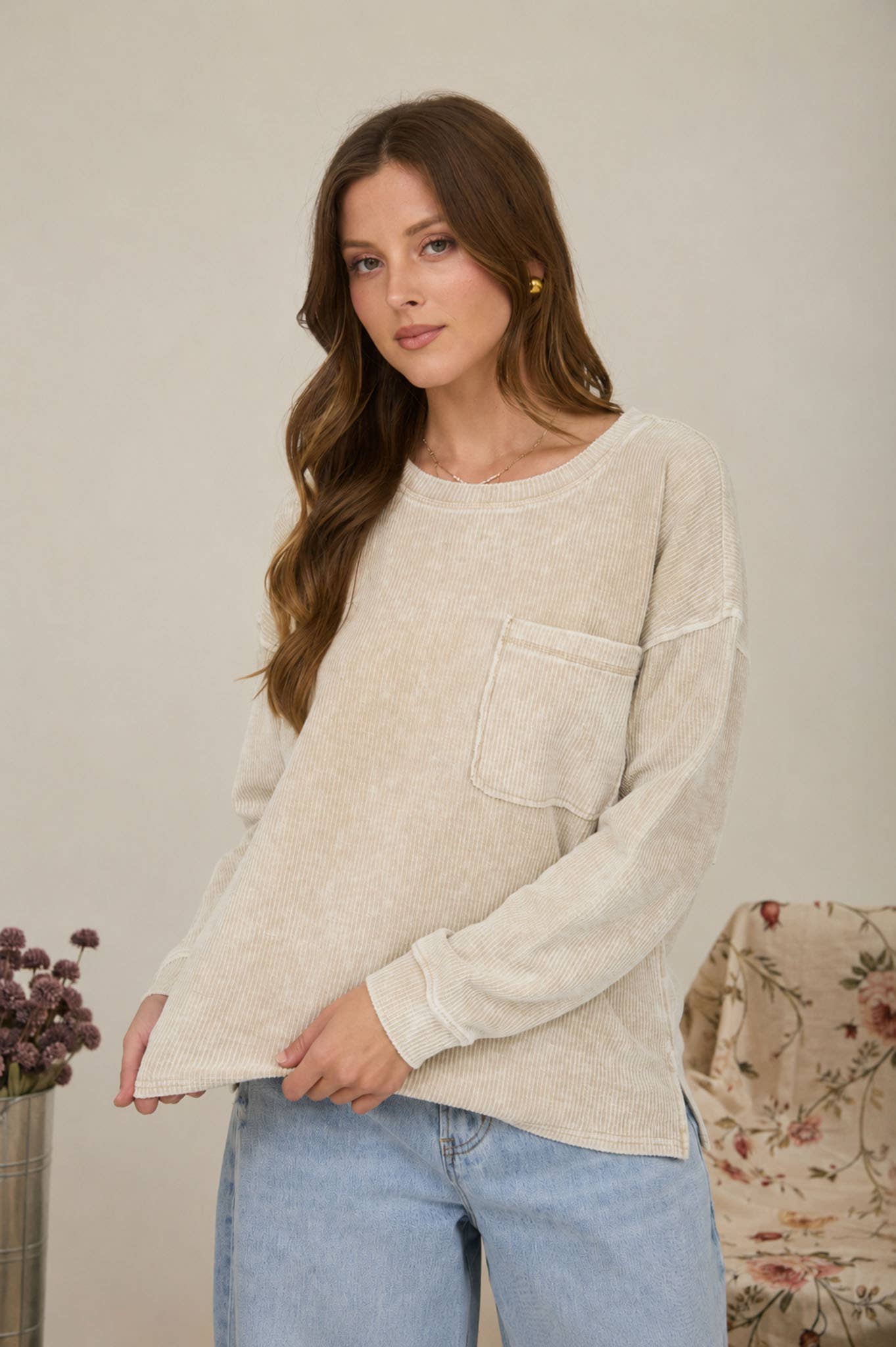 WASHED POCKET DETAIL LONG SLEEVE RIB KNIT TOP
