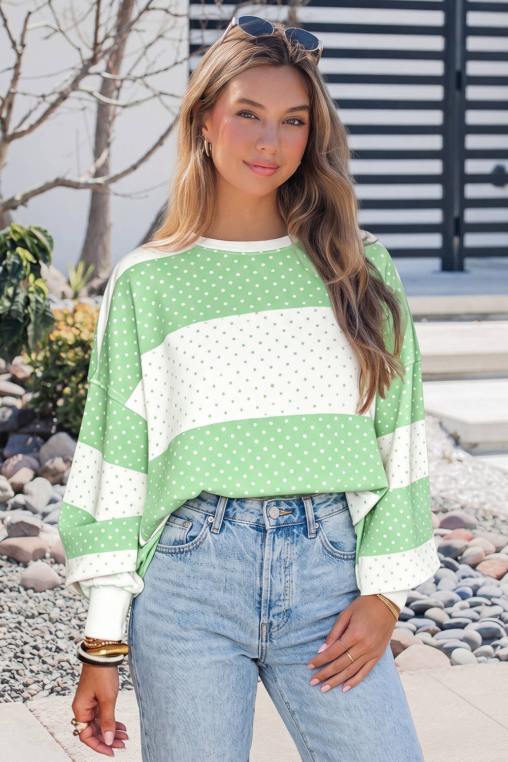 Polka Dot Long Sleeve Patchwork Colorblock Shift Pullover