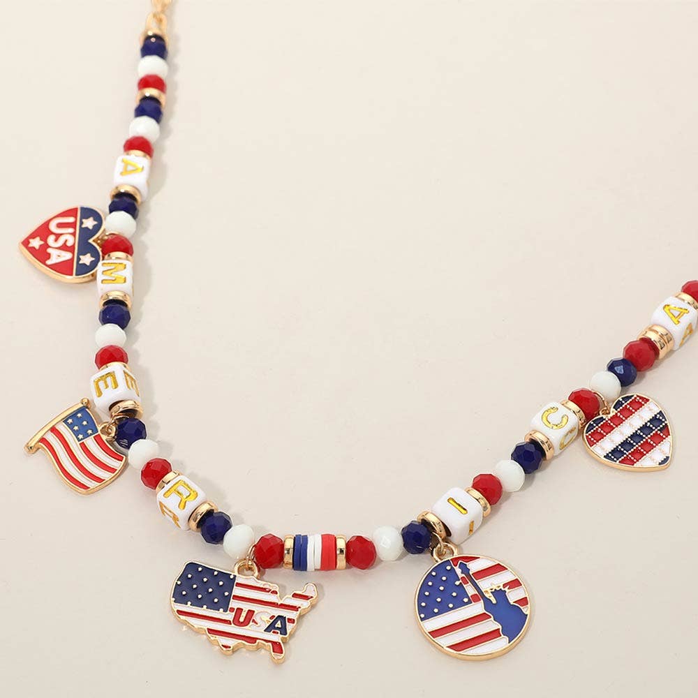 American USA Flag Map Heart Charm Station Beaded Necklace