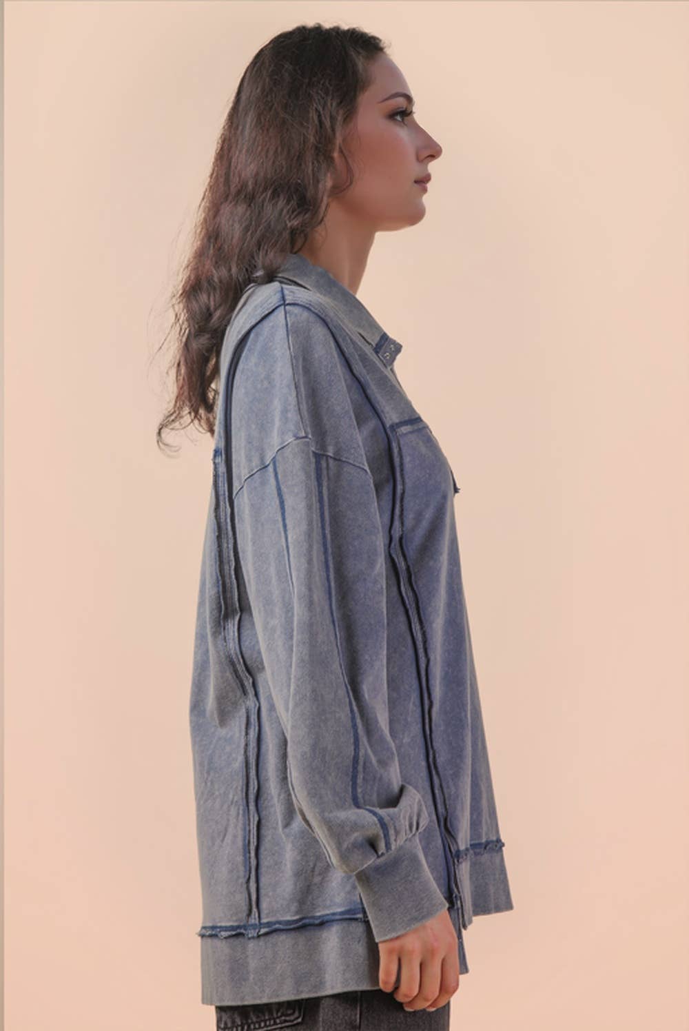 NT12365-Half Button Down Oversized Contrast Knit Top