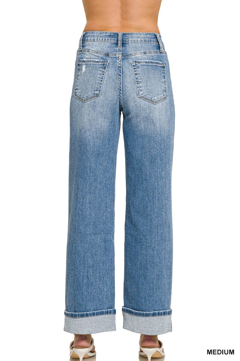 High Rise Cuffed Wide Leg Denim Pants  Zenana