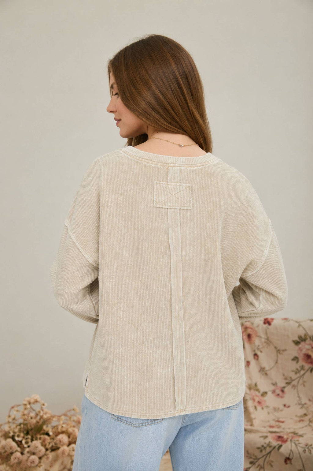 WASHED POCKET DETAIL LONG SLEEVE RIB KNIT TOP