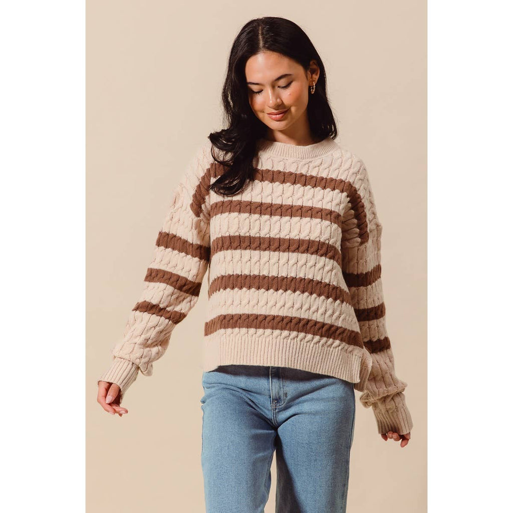 STRIPE CABLE KNIT SWEATER TOP WITH SIDE SLITS