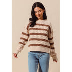 STRIPE CABLE KNIT SWEATER TOP WITH SIDE SLITS