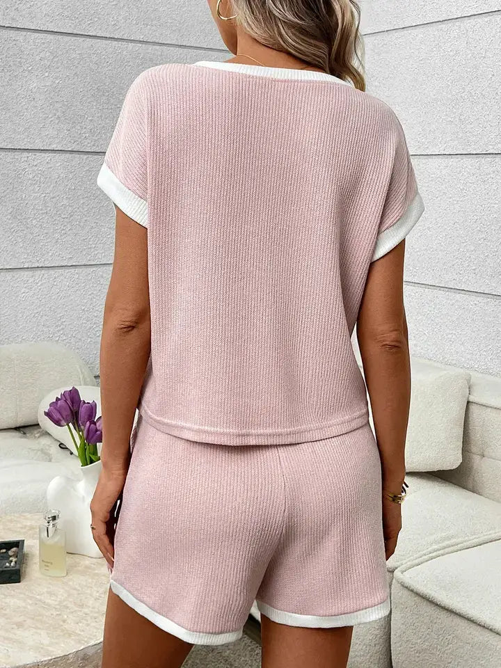 Waffle Knit Lounge Set Casual Shorts Outfit