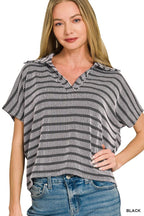 Raised Rib Striped Collared Top