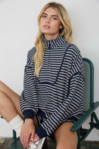 HALF ZIP STRIPE CONTRAST TRIM LONG SLEEVE KNIT TOP