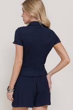 Short Sleeve Button Down Top & Shorts Crinkle Knit Set