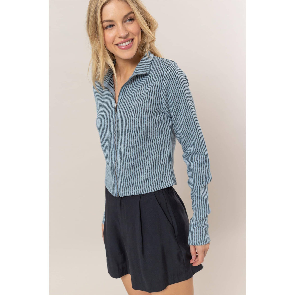Striped Zip-Up Knit Top