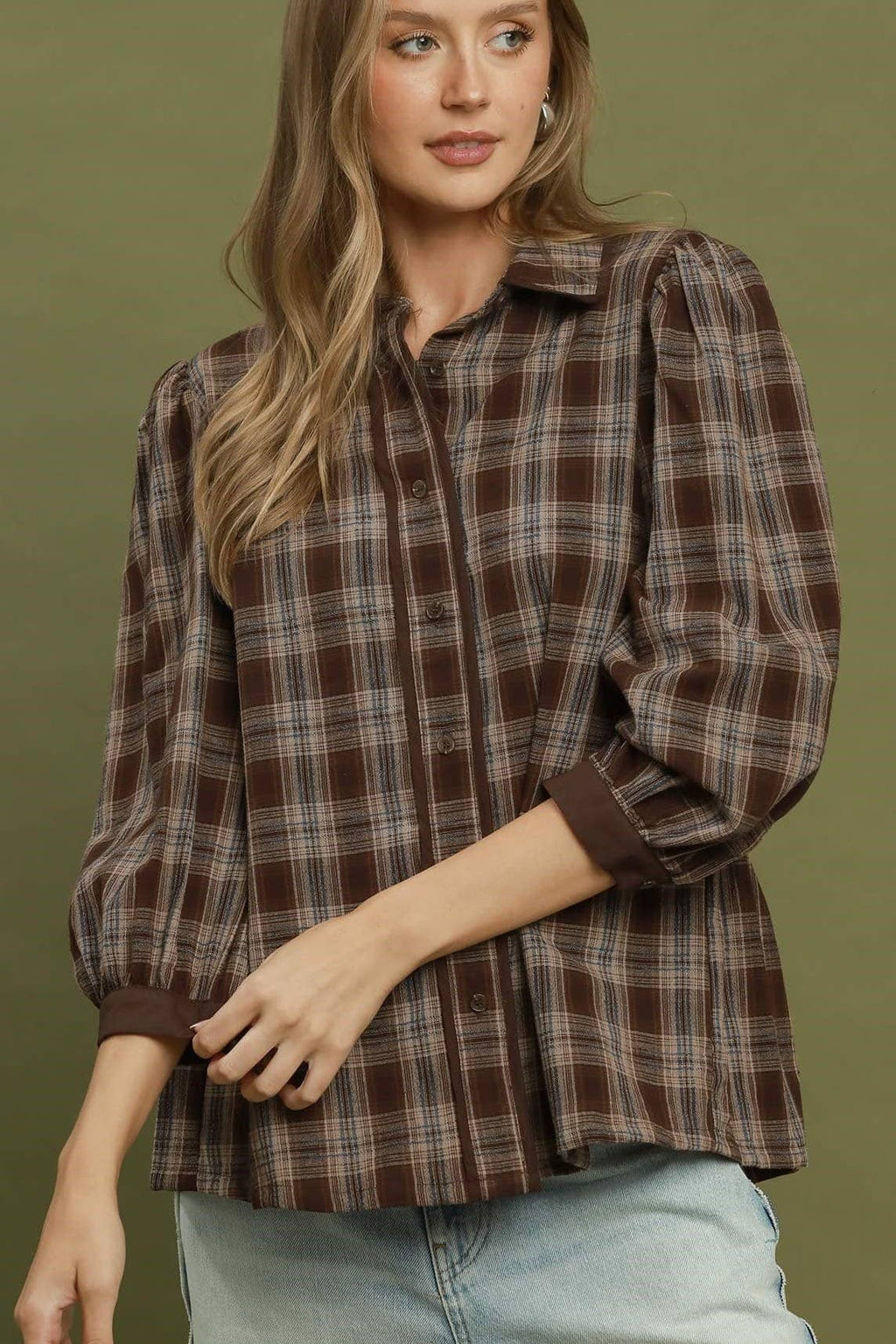 Plaid Button Front Puff Sleeve Blouse