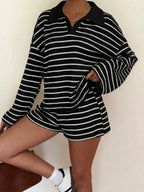 Striped Polo Lounge Set Resort Textured Collared Oversized