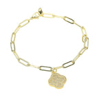 Stainless Steel Rhinestone Pave Quatrefoil Charm Paperclip Chain Link Bracelet