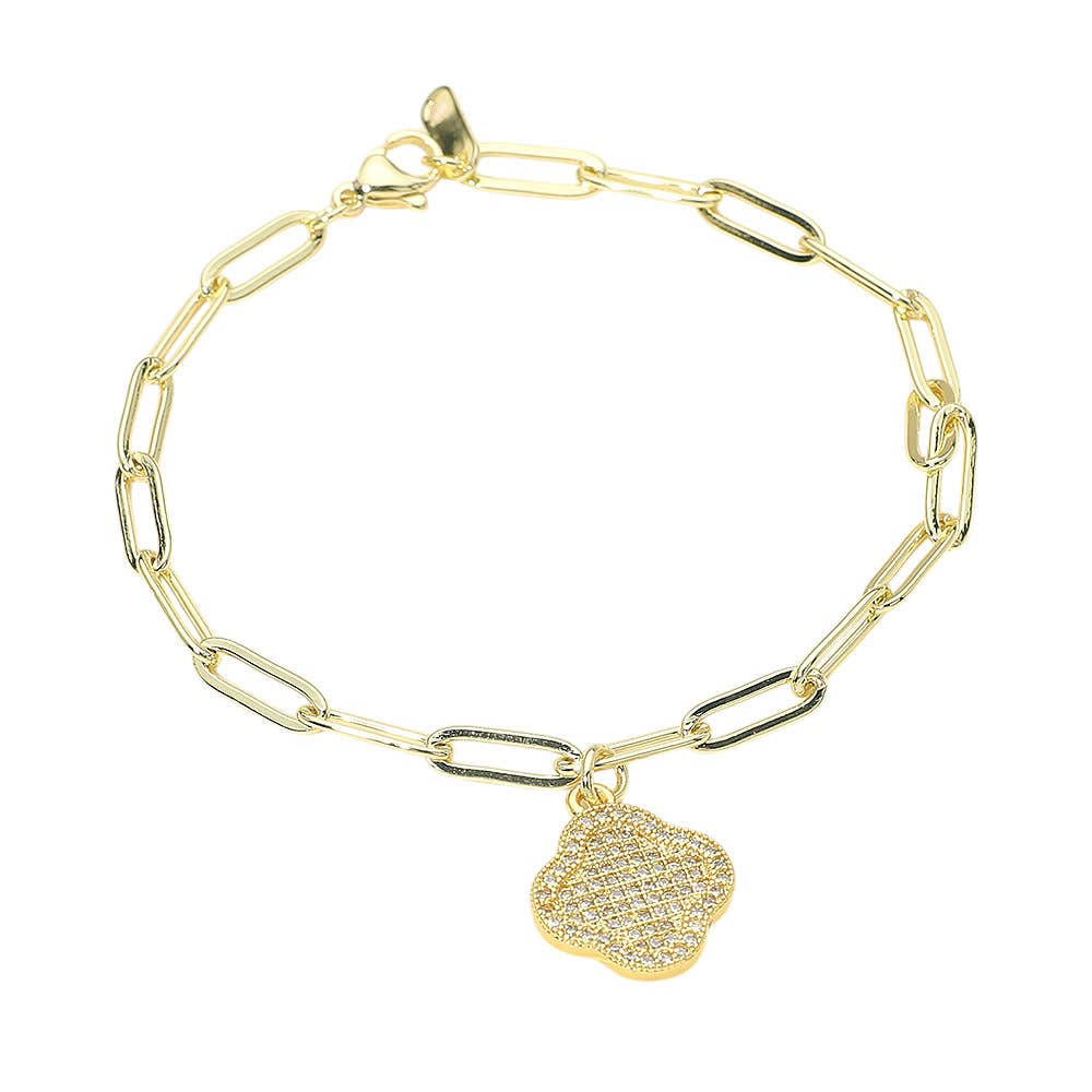 Stainless Steel Rhinestone Pave Quatrefoil Charm Paperclip Chain Link Bracelet