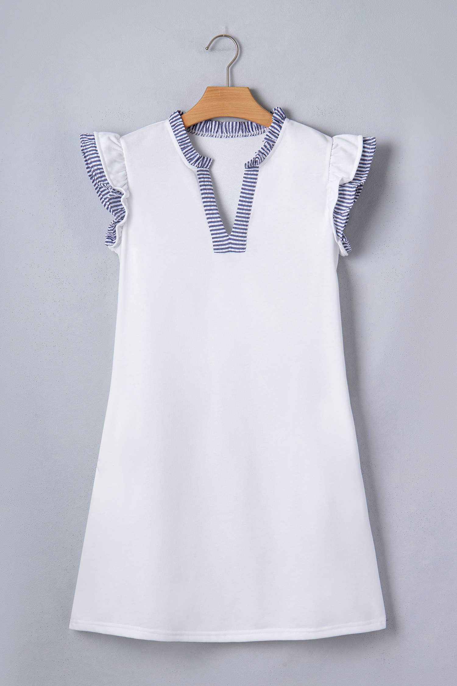 LDC Striped Patchwork Split Neck Ruffle Trim Dress