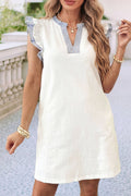 LDC Striped Patchwork Split Neck Ruffle Trim Dress