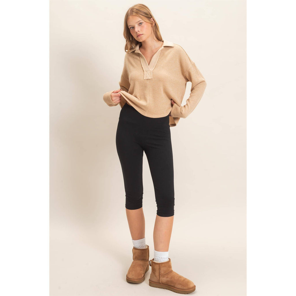 Ribbed Collared Pullover Top