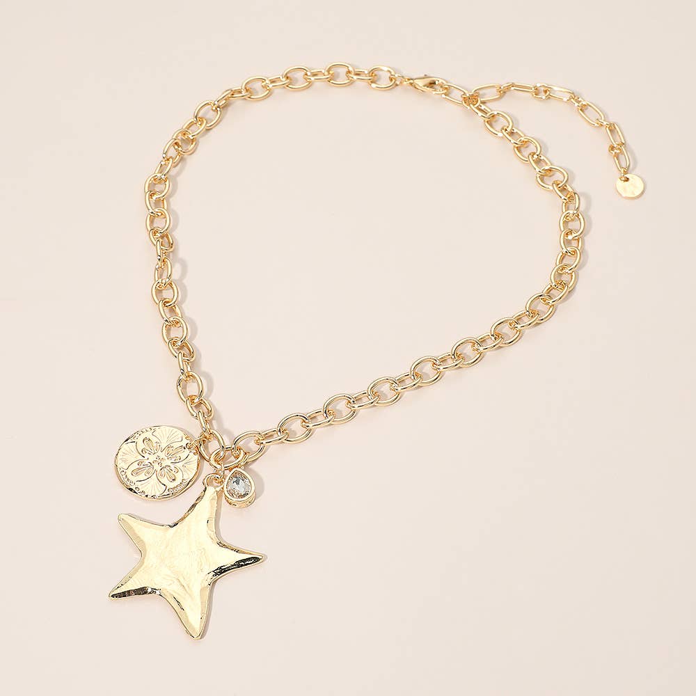 Hammered Metal Star Clover Coin Teardrop Stone Charm Pendant Necklace