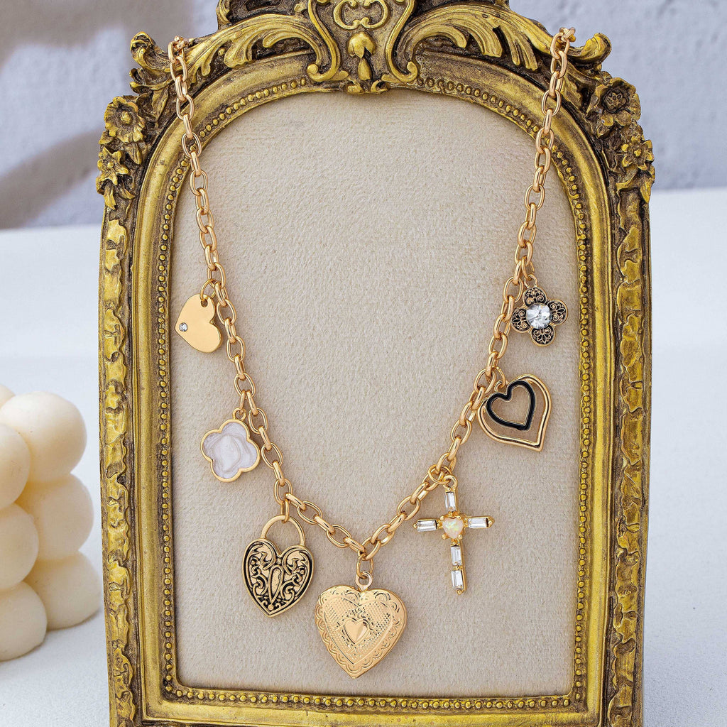 Antique Heart Locket & Cross Multi-Charm Necklace | 80N93116