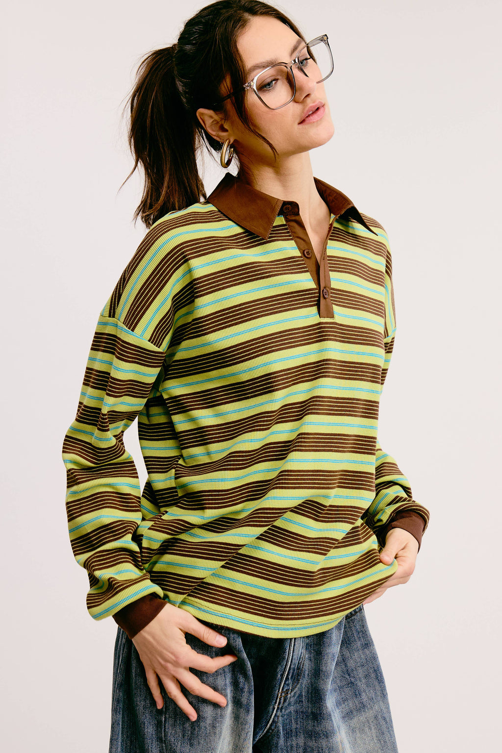 Multicolor Stripe Oversized Long Sleeve Polo Shirt
