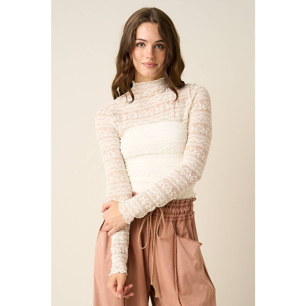 TEXTURED MOCK NECK LACE MESH TOP