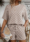 Checkered Short Sleeve Drawstring Lounge Set
