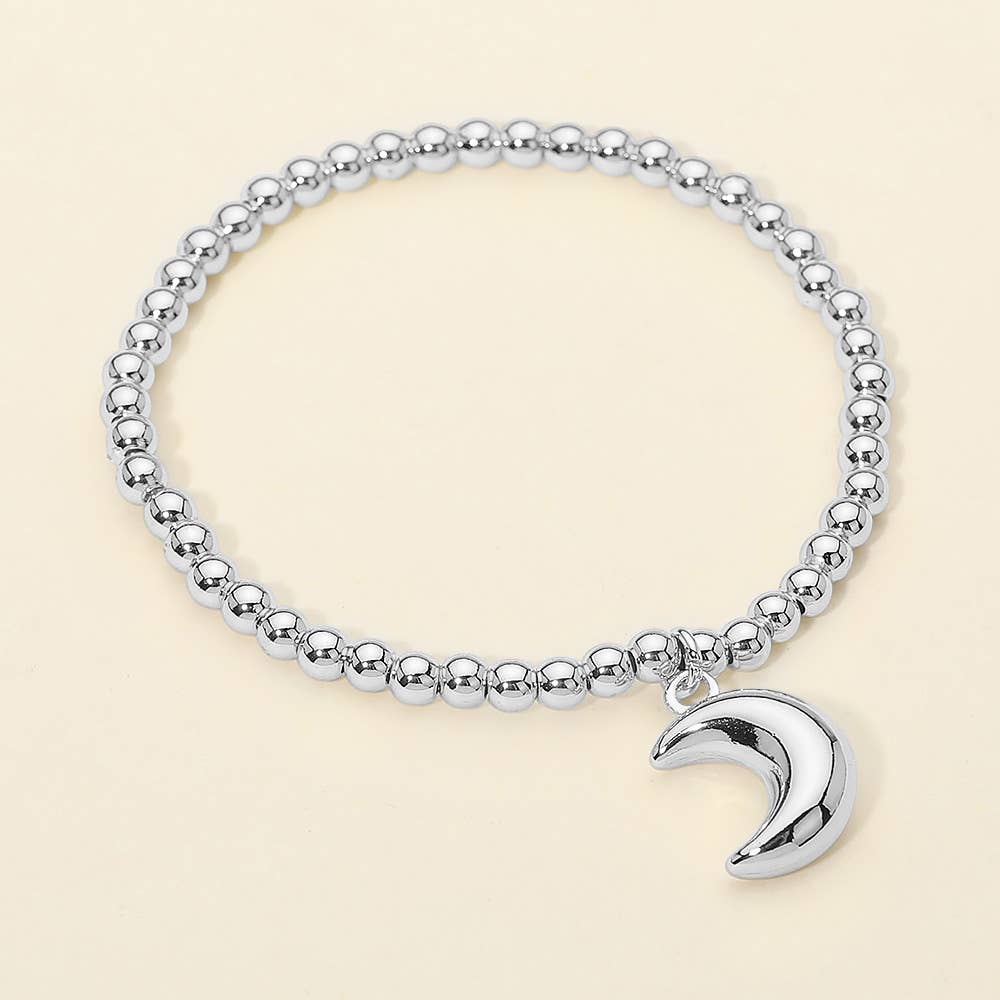 Stainless Steel Crescent Moon Charm Beaded Stretch Bracelet