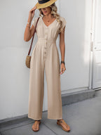 V-neck Solid Color Elastic High Waisted Jumpsuit