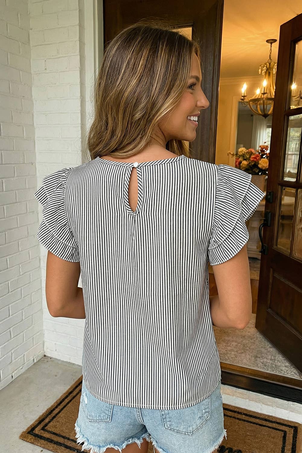 LAS-LIVE Stripe Flutter Sleeve Round Neck Blouse (S-XL)