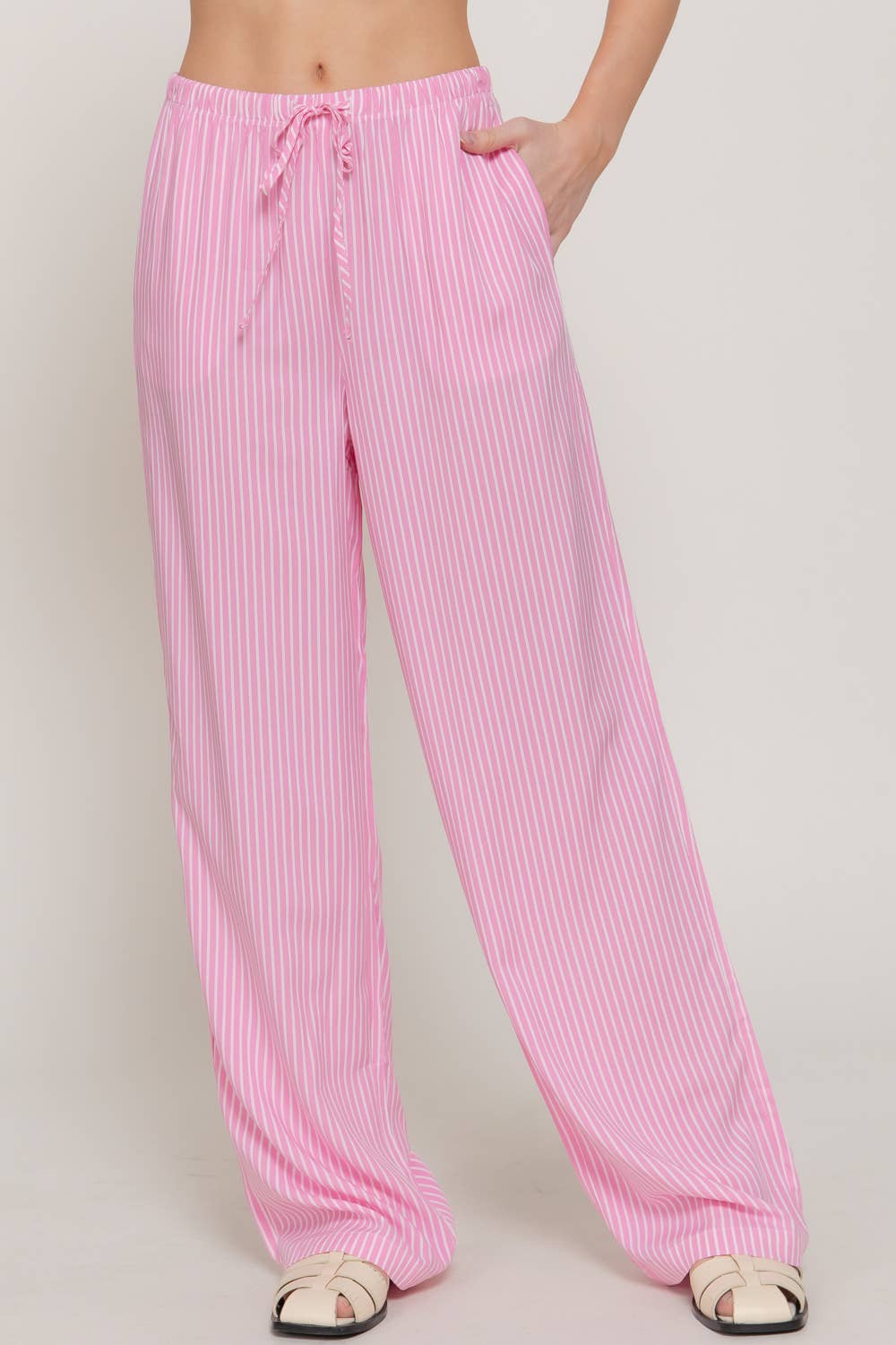 Waist Band with String Stripe Print Woven Pants