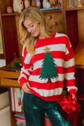 CHRISTMAS STRIPE AND TREE APPLIQUE KNIT TOP