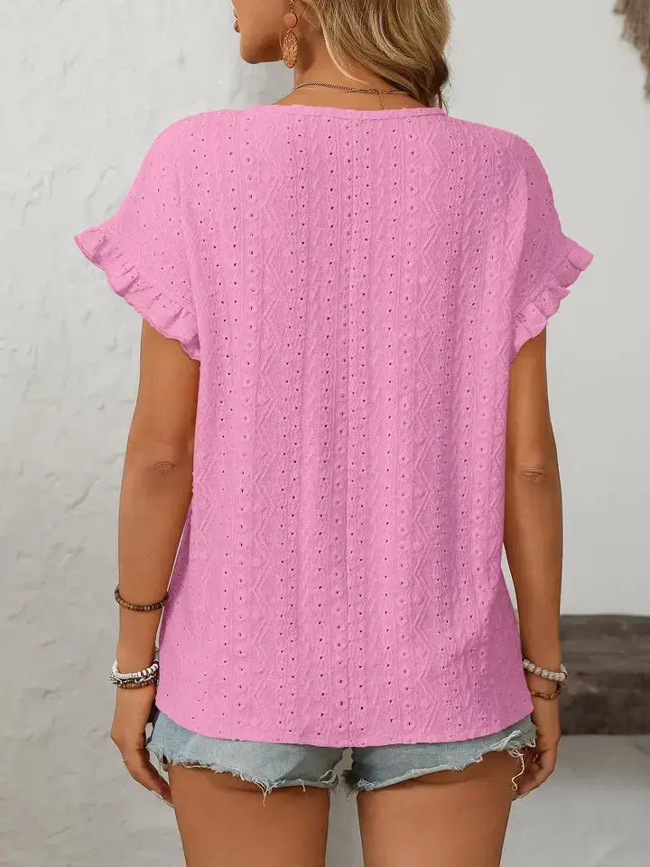 Pink Hollow-Out Crewneck Short Sleeve Summer Top