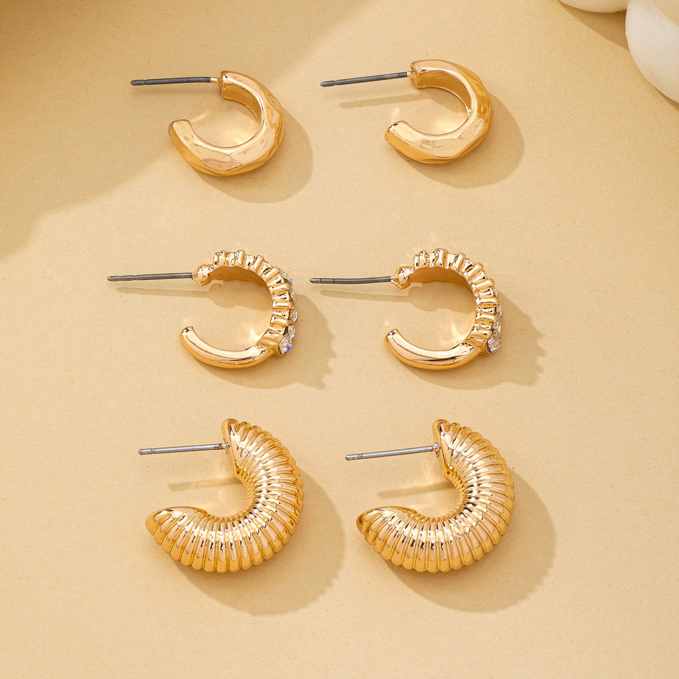 Rhinestone Textured Hoop Earring Set | 80E62138